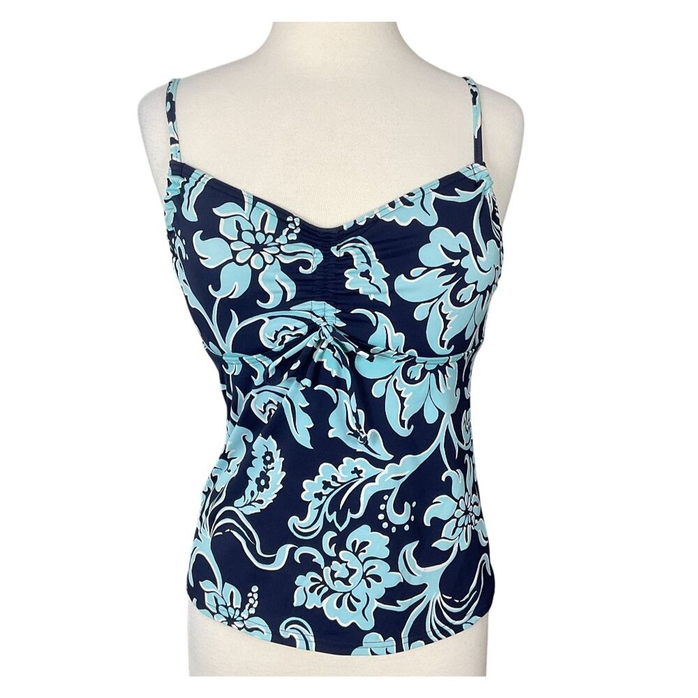 Land's End Underwire Cinch Tie Front Adjustable Strap Blue Floral Tankini 6